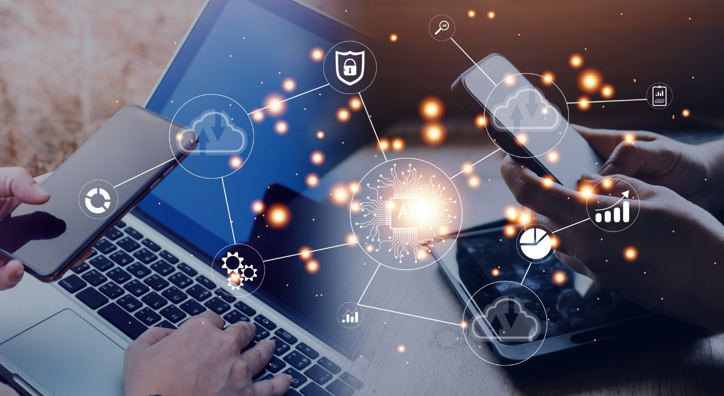 Digital illustration showing the modern factors of production — data, technology, people, and innovation — symbolized by interconnected icons of servers, gears, light bulbs, and human figures on a global network background.