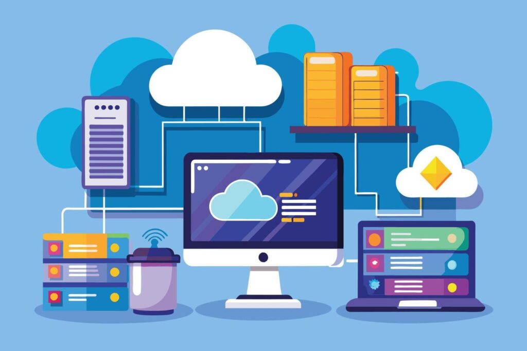 an-illustration-of-a-computer-and-laptop-connected-to-various-cloud-servers-representing-data-storage-and-transfer-free-vector