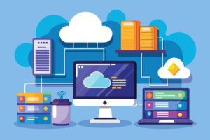 an-illustration-of-a-computer-and-laptop-connected-to-various-cloud-servers-representing-data-storage-and-transfer-free-vector